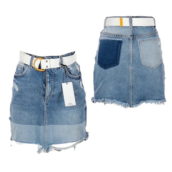 MNG Mango Falda Belted Colorblock Distressed Denim Mini Skirt Size XS NWT 90s - Picture 1 of 12